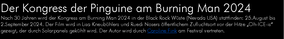 Textfeld: Der Kongress der Pinguine am Burning Man 2024Nach 30 Jahren wird der Kongress am Burning Man 2024 in der Black Rock Wste (Nevada USA) stattfinden: 25.August bis 2.September 2024. Der Film wird in Lisa Kneubhlers und Ruedi Nosers ffentlichem Zufluchtsort vor der Hitze Oh-ICE-is gezeigt, der durch Solarpanels gekhlt wird. Der Autor wird durch Caroline Fink am Festival vertreten.