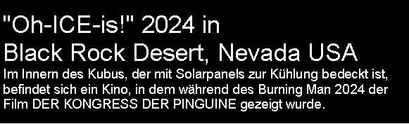 Textfeld: "Oh-ICE-is!" 2024 in Black Rock Desert, Nevada USAIm Innern des Kubus, der mit Solarpanels zur Khlung bedeckt ist, befindet sich ein Kino, in dem whrend des Burning Man 2024 der Film DER KONGRESS DER PINGUINE gezeigt wurde.